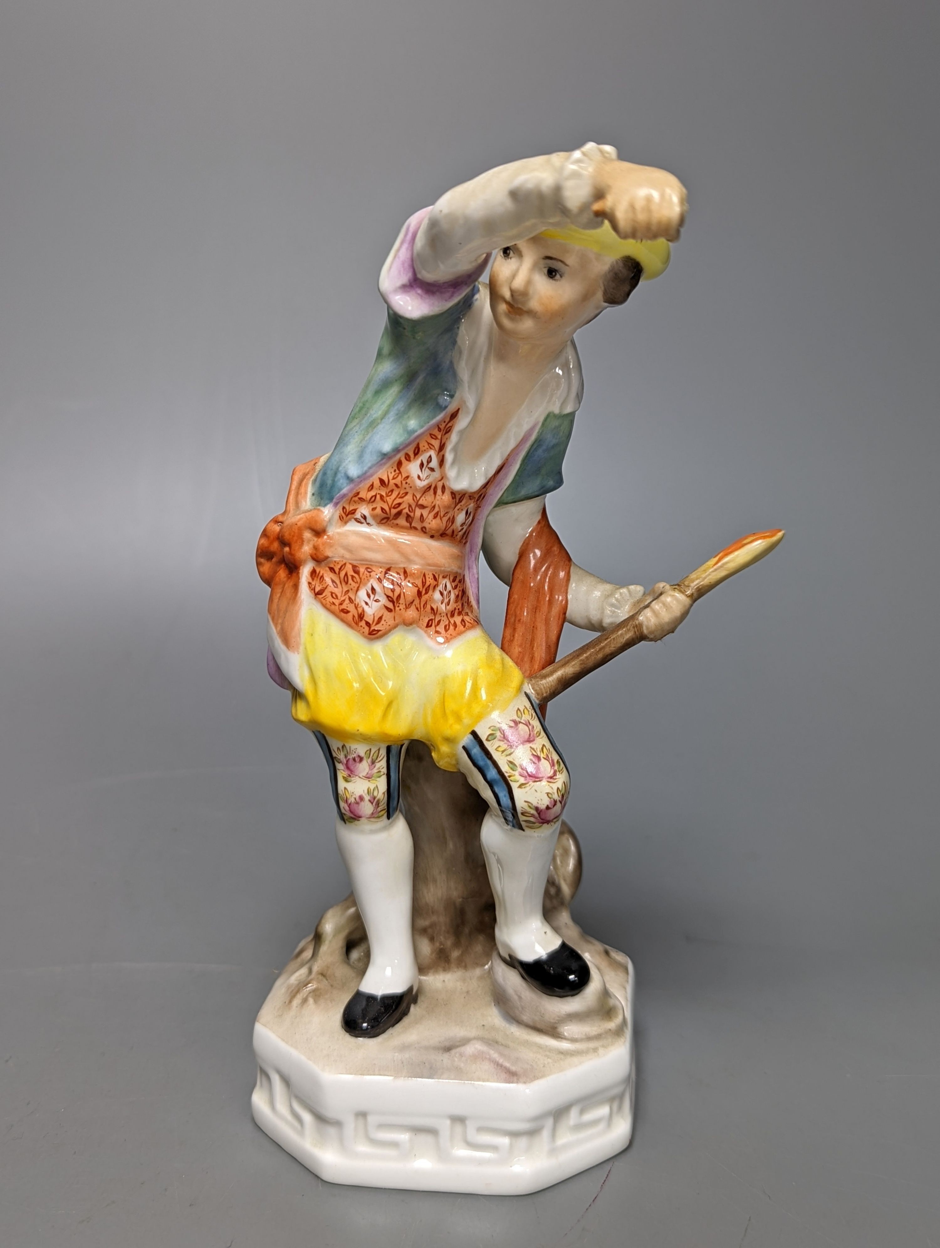 A late 19th century Meissen figure of a boy holding a garland of flowers, and a Sampson Hancock Derby figure and three other continental porcelain figures, tallest 18 cms high.